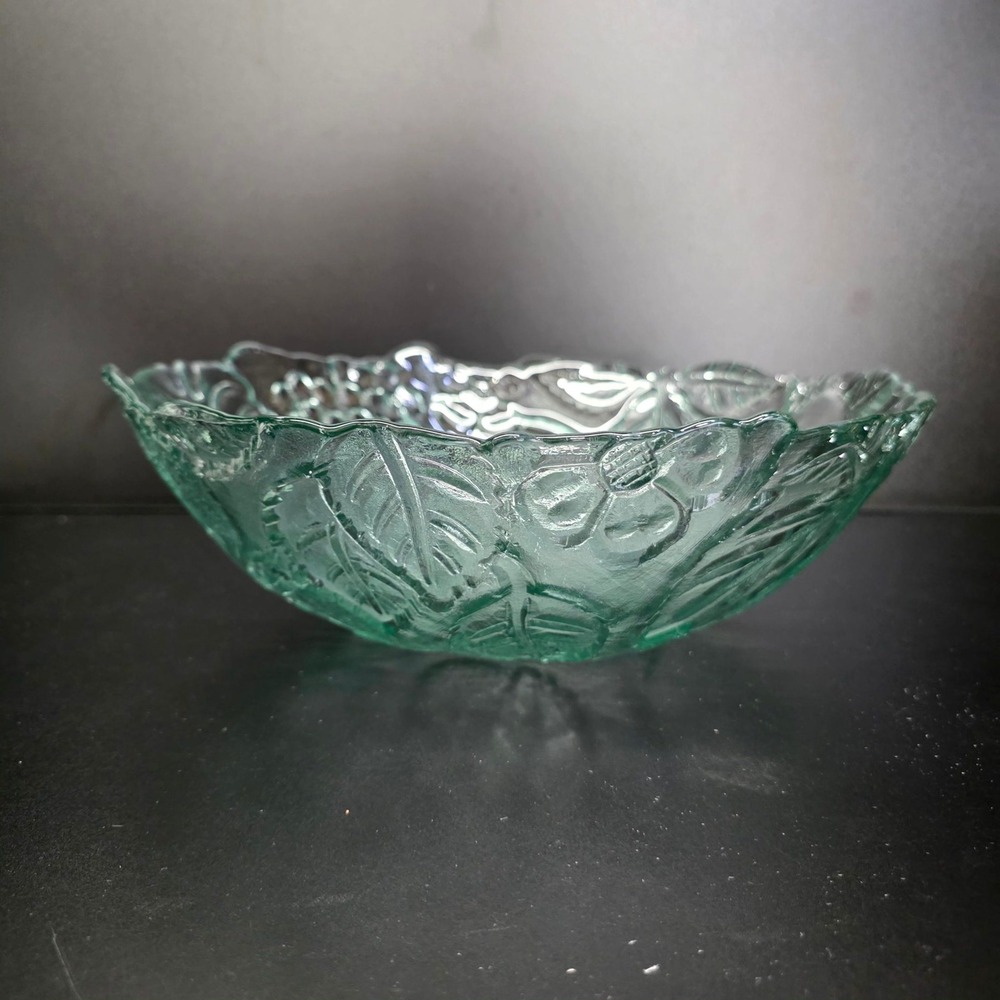 Pier 1 Glass Fruit Bowl 12" Green Embossed Leaf Grapes Scalloped Rim Decor Art